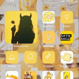 May include: A yellow iPhone home screen with app icons. The icons are for apps like FaceTime, Notes, Widgetsmith, Settings, Flo, Merge, Sims, Doggies, Tap Tap Fish, TapTap Pole, Decor, Puppies, Solitaire, TikTok, Instagram, Snapchat, Pinterest, and a custom icon that says "F*CK THE BAD VIBES".