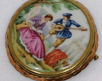 Broche Vintage En Porcelaine De Limoges Du XXe Siècle - Occasion En Bon état, Ornement Doré