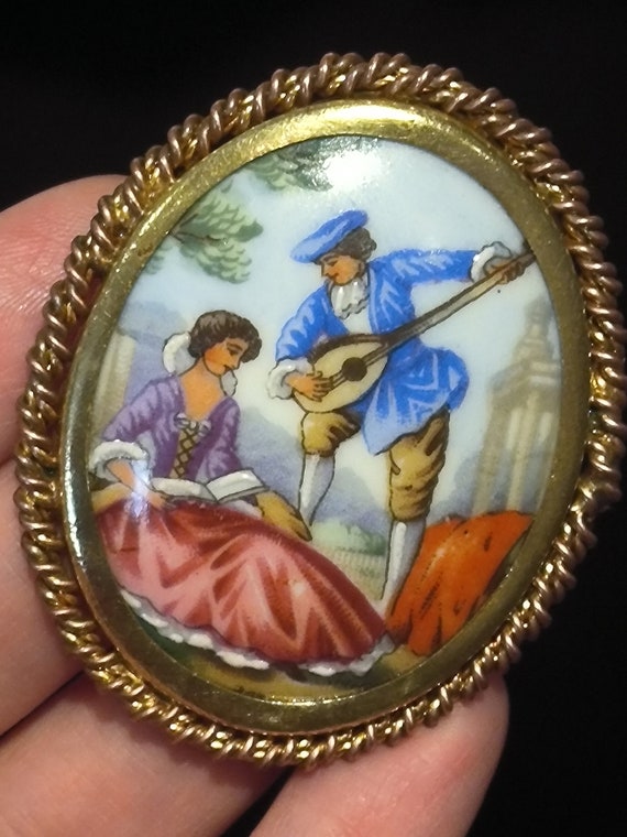 Broche Ancienne En Porcelaine De Limoges - Bleu De Four - Vintage - Occasion
