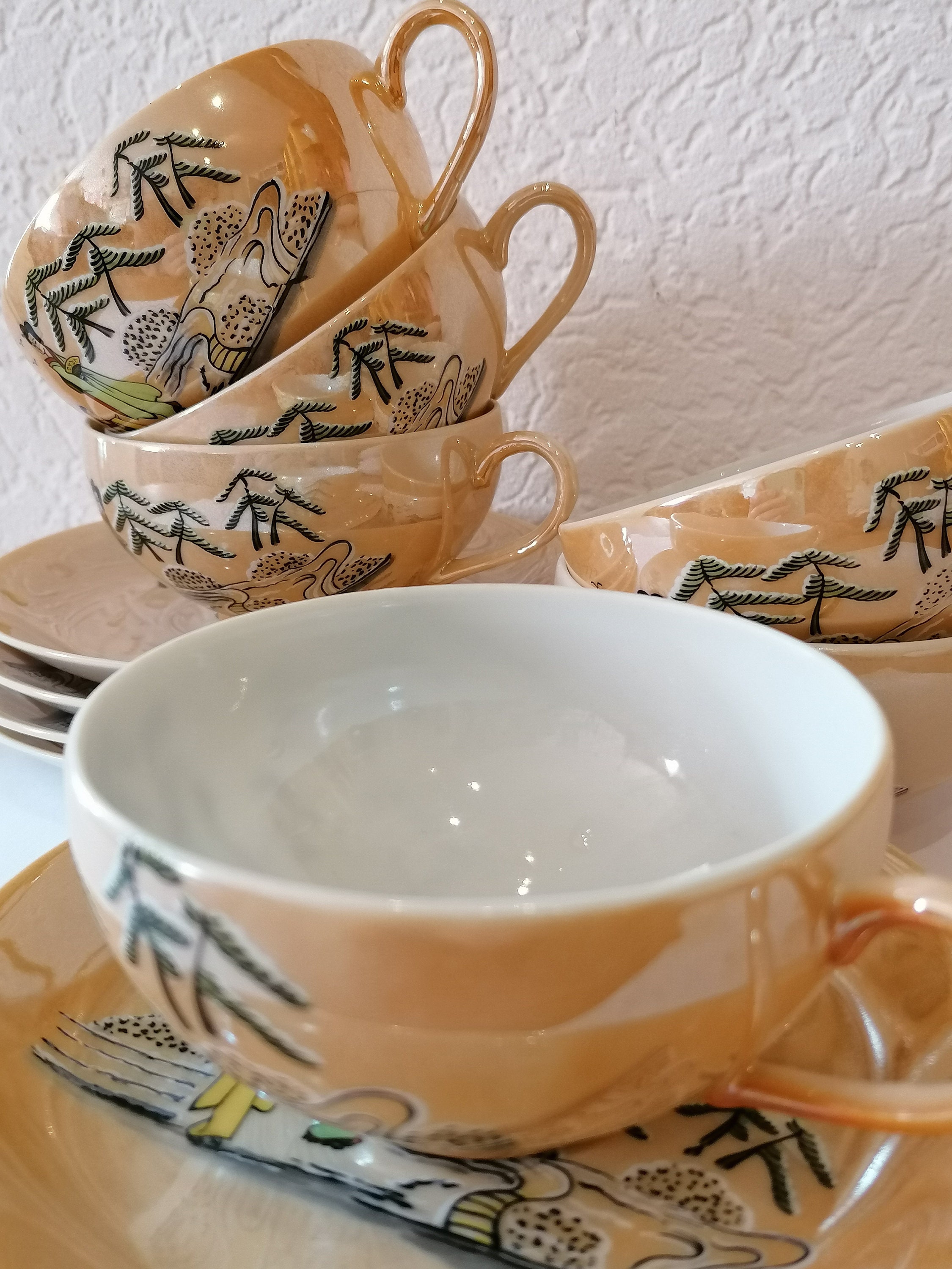 5 Tasses à Thé avec Soucoupes Porcelaine Japon Geisha Lithophanie