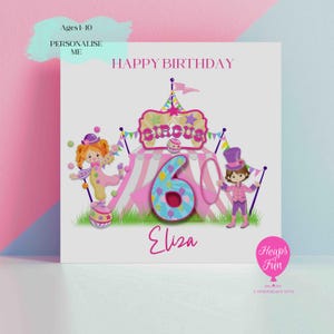 Carte d'anniversaire rose personnalisée sur le thème du cirque | Âge personnalisé 1-10 ans | Carte d'anniversaire amusante pour enfants | Fête du cirque animalier | Carte Bright pour enfants
