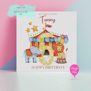 Carte d'anniversaire personnalisée sur le thème du cirque | Âge personnalisé 1-10 ans | Carte d'anniversaire amusante pour enfants | Fête du cirque animalier | Carte Bright pour enfants