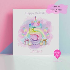 d'anniversaire personnalisée Licorne | Âge personnalisé 1-10 ans | Fête licorne arc-en-ciel | Carte d'anniversaire d'enfant