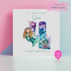 Carte d'anniversaire nièce sirène personnalisée | Âge personnalisé 1-10 ans | Carte pour enfants | Anniversaire de filles
