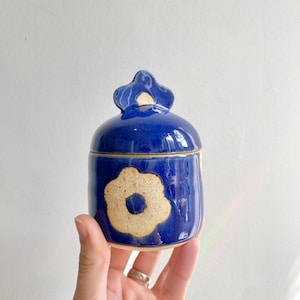 May include: A small blue ceramic jar with a white floral design and a lid shaped like a flower.