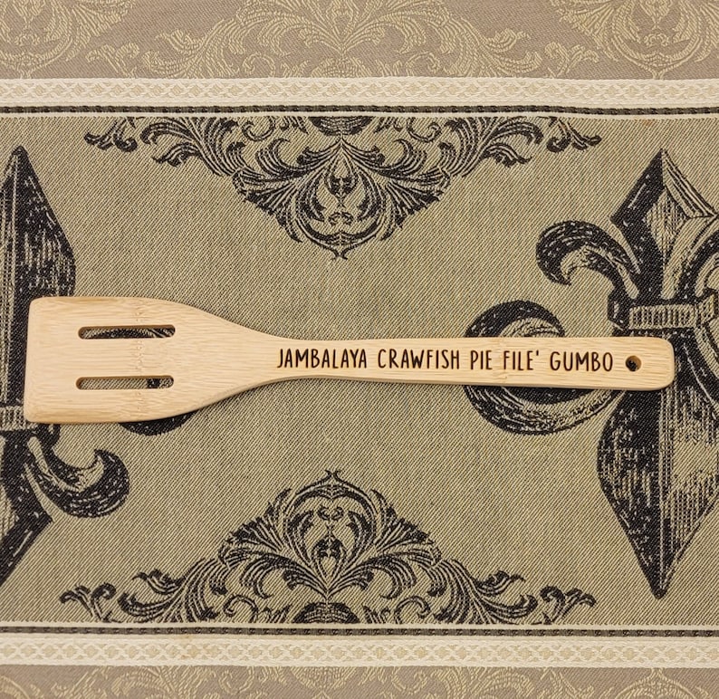 Jambalaya Crawfish Pie File' Gumbo Bamboo Kitchen Tools. Laser Engraved
