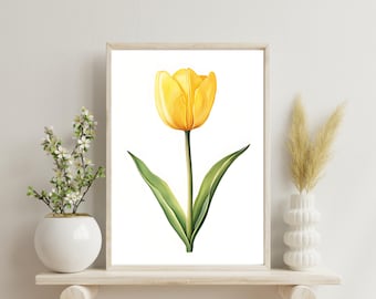 Impression aquarelle tulipe jaune : art mural floral printanier (téléchargement numérique)