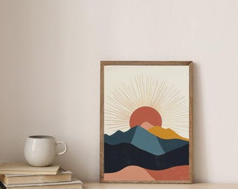 Impression minimaliste montagne soleil : paysage bohème moderne (téléchargement numérique)