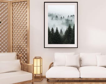 Afdrukbare print mistig berglandschap, poster natuurberg - digitale kunst