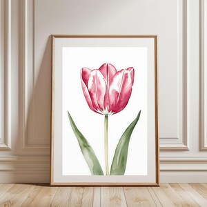 Pink Watercolor Tulip Wall Art Printable with Elegant Green Leaves for Minimalist Floral Home Decor,  Nursery and Gallery Walls