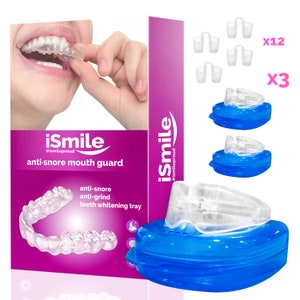 3 Pack of iSmile Anti Snoring Aid Mouth Guard for Grinding Teeth with Travel Case and 12x Anti-Snore Nose Plugs