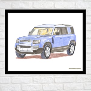 May include: Watercolor painting of a blue Defender SUV with black accents. The vehicle is depicted from a side view, showcasing its design. The word "DEFENDER" is visible on the hood. The artwork is framed in black.