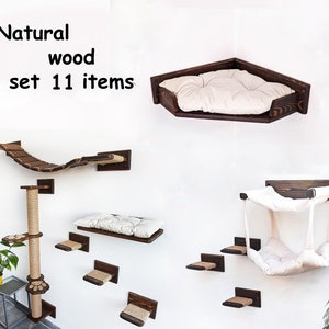 Cat tree natural wood, Cat wall furniture, Cat shelves for wall climbing, Corner cat bed