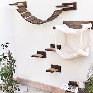 Unique double cat hammock white, Cat wall furniture set, Cat bed, Cat shelves, Cat bridge, Cat shelf