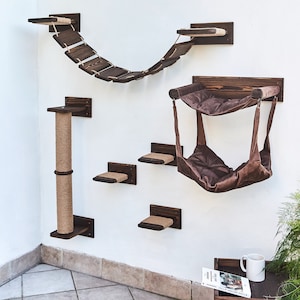 Wall-Mounted Cat Climber Set, Wood Indoor Cat Furniture with Cat Shelves, Wall cat hammock