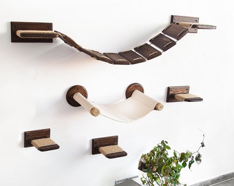 Cat furniture, Cat hammock with bridge and wooden steps, Cat shelves, Cat bed wall mounted, Cat climbing