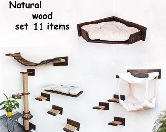 Cat tree natural wood, Cat wall furniture, Cat shelves for wall climbing, Corner cat bed