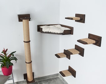 SET cat furniture with a corner cat bed, Cat sisal scratching post, Cat shelves natural wood for climbing