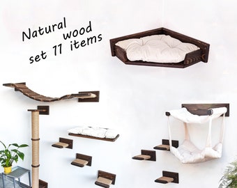 Large cat wall furniture set, Cat shelves for wall climbing, Corner cat perch, Wall mounted cat tree, Cat bridge, Cat steps