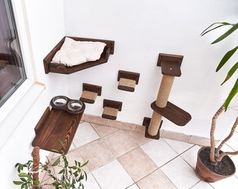 Corner cat bed set, Cat wall furniture, Cat shelves, Cat feeder shelf, Cat furniture wall, Cat tree, Cat shelves for walls