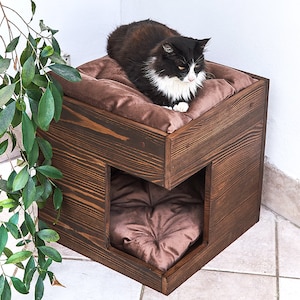 Cat House, Cat Condo, Cat Cave, Cat furniture, Cat bed with soft pillow, Cat home, Dog house natural solid wood, Cat sleeping place image 3