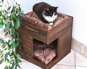 Cat House, Cat furniture, Cat bed with soft pillow, Pet house, Cat home, Dog house natural solid wood, Dog bed, Cat sleeping place