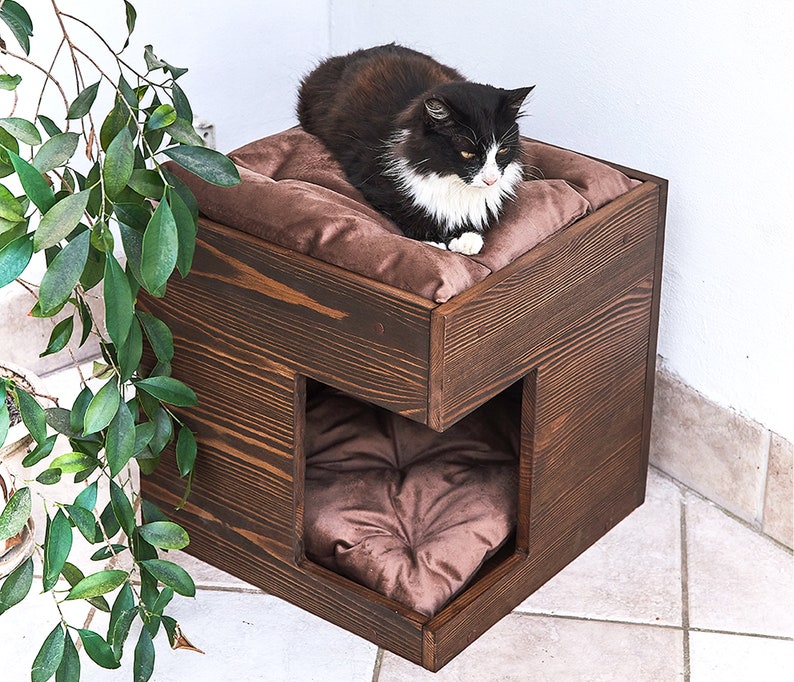 Cat House, Cat Condo, Cat Cave, Cat furniture, Cat bed with soft pillow, Cat home, Dog house natural solid wood, Cat sleeping place image 3