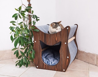 Cat cave, Cat hammock bed, Cat house, Modern cat bed, cat bed with soft pillow, Wood cat hammock, Unique cat bed, Cat hammock