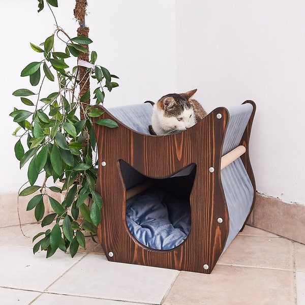 Cat cave, Cat hammock bed, Cat house, Modern cat bed, cat bed with soft pillow, Wood cat hammock, Unique cat bed, Cat hammock