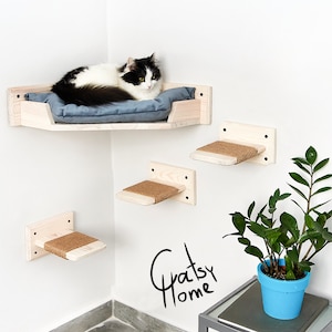 Aan de muur gemonteerde hoekkattenmand Kattenplank met kussen kattenmeubel voor binnenkatten Klimbare kattenbak voor aan de muur