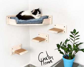 Wall mounted corner cat bed Cat shelf with сushion Cat Furniture for Indoor сats Climbing cat perch for wall