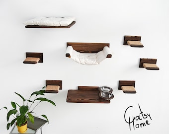 Cat furniture Dark, Cat shelves, Cat wall furniture, Cat steps natural wood, Cat climbing, Cat bridge