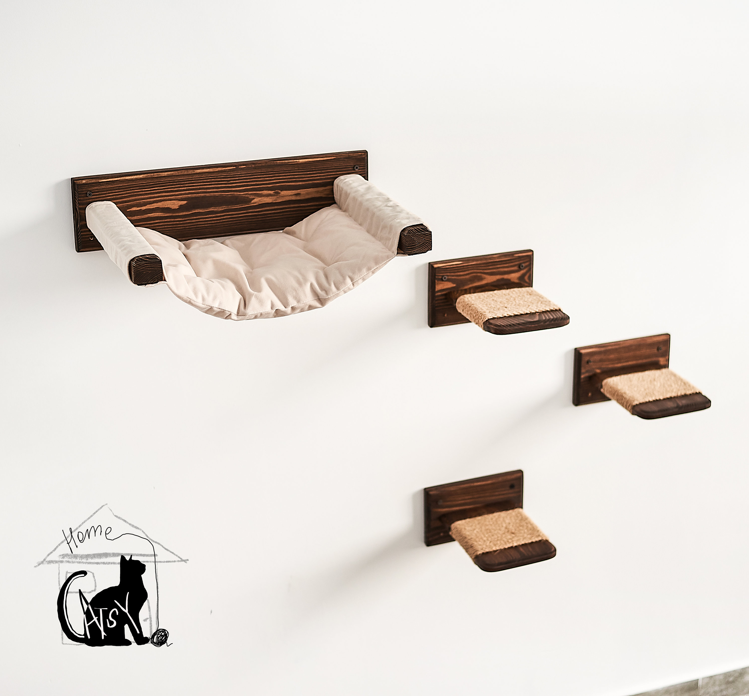 Cute Cat Hammock, Cat Bed Wall Mount, Wood Steps, Furniture Solid Wood, Perch, Condo, Shelves