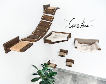 Custom cat furniture set, Corner cat bed, Cat hammock, Cat shelves, Cat perch, Cat steps for wall, Cat wall furniture natural wood