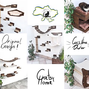 May include: A collection of cat furniture, including a wall-mounted cat tree with a scratching post, a cat bed with a cushion, and a cat house with a door. The furniture is made of wood and has a natural finish. The text "Original Design!" and "Custom Order" are written on the image. The text "Gratsy Home" is also written on the image.