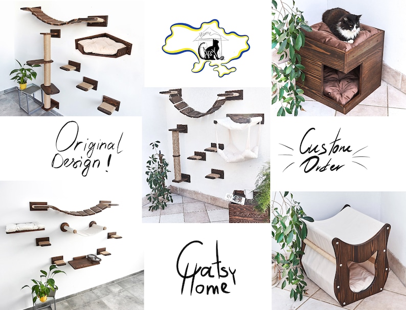 May include: A collection of cat furniture, including a wall-mounted cat tree with a scratching post, a cat bed with a cushion, and a cat house with a door. The furniture is made of wood and has a natural finish. The text "Original Design!" and "Custom Order" are written on the image. The text "Gratsy Home" is also written on the image.