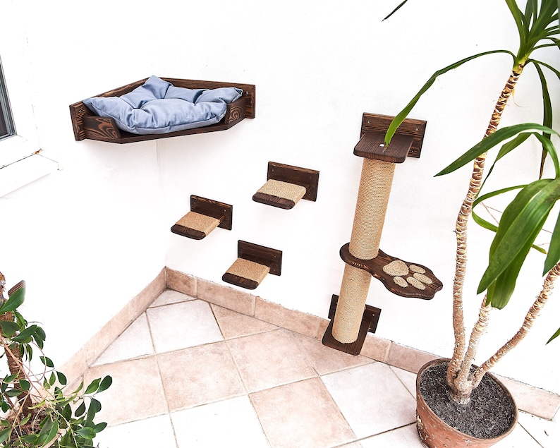 May include: A wooden cat tree with a scratching post, a bed, and multiple platforms. The cat tree is mounted on a white wall. A potted plant is in the lower right corner of the image.