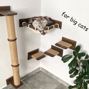 Könnte beinhalten: Ein an der Wand montierter Katzenbaum mit einem Kratzbaum, einer Hängematte und zwei Plattformen. Der Katzenbaum ist aus Holz und hat eine natürliche Oberfläche. Der Text "for big cats" ist an der Wand geschrieben.