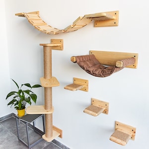 Modern cat furniture, Cat tree, Cat shelves for wall, Cat tree natural wood, Cat climbing wall