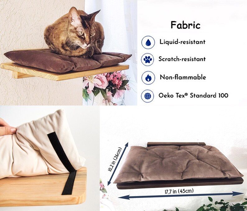 Pu&ograve; includere: Un letto per gatti marrone con un cuscino marrone, montato su uno scaffale in legno. Lo scaffale &egrave; largo 45 cm e profondo 26 cm. Il tessuto &egrave; resistente ai liquidi, resistente ai graffi, non infiammabile e certificato Oeko-Tex Standard 100.