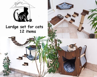 Kratzbaum, Katzenwandmöbel, Katzenregale Naturholz, Katzenbett, Großes stilvolles Set Katzenmöbel, Katzenhaus