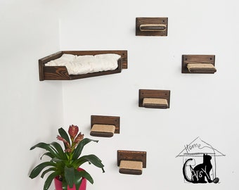 Corner cat wall mount bed with 5 pc steps, Cat wall shelves set, Modern cat wall furniture, Cat bed, Cat shelf for walls