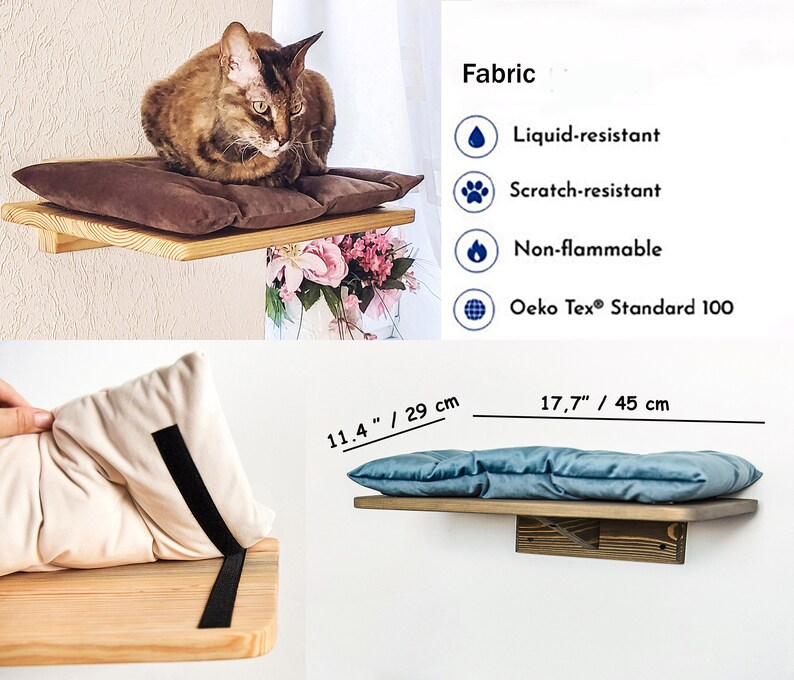 May include: A wooden cat shelf with a brown cushion and a beige cushion. The shelf is 11.4 inches wide and 17.7 inches long. The fabric is liquid-resistant, scratch-resistant, non-flammable, and Oeko Tex Standard 100.
