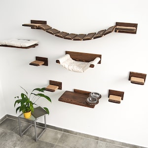 Cat furniture Dark, Cat shelves, Cat wall furniture, Cat steps natural wood, Cat climbing, Cat bridge