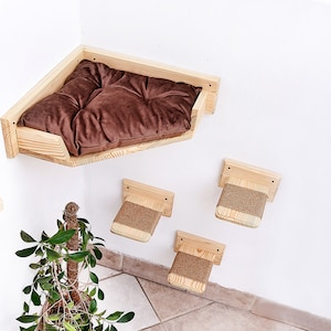 Kattenmand, hoekkat, kattenmuurmeubilair, kattenplanken, kattenmandmeubilair natuurlijk hout, kattenklimmen, kattencadeau