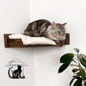 Corner Cat Bed Wall Mounted, Cat Shelf with Cushion, Wood Indoor Cat Furniture with Cat Shelves and Perches, Climbing Cat Perch for Wall image 2