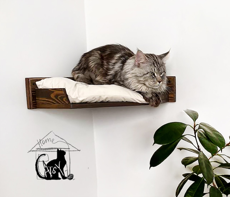 Corner Cat Bed Wall Mounted, Cat Shelf with Cushion, Wood Indoor Cat Furniture with Cat Shelves and Perches, Climbing Cat Perch for Wall image 2