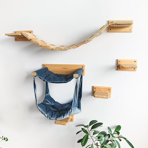 Cat wall furniture set, Cat hammock, Cat shelves, Cat bridge, Cat shelf, Cat furniture natural wood, Cat activity center