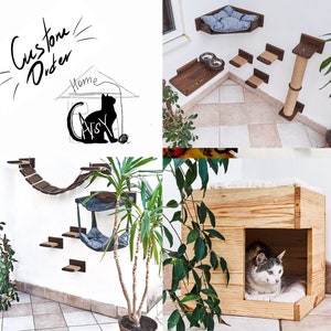 May include: A wooden cat tree with a variety of platforms, scratching posts, and a hammock. The cat tree is mounted on a white wall and features a cat house with a brown door. The cat tree is decorated with a black and white drawing of a cat on the wall. The cat tree is made of natural wood and is designed to provide cats with a place to play, climb, and relax.