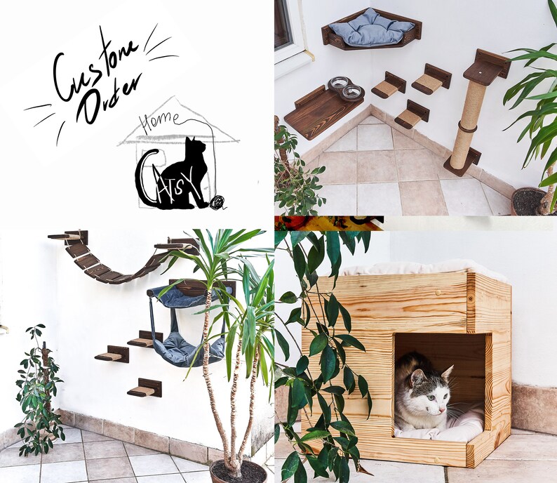 May include: A wooden cat tree with a variety of platforms, scratching posts, and a hammock. The cat tree is mounted on a white wall and features a cat house with a brown door. The cat tree is decorated with a black and white drawing of a cat on the wall. The cat tree is made of natural wood and is designed to provide cats with a place to play, climb, and relax.